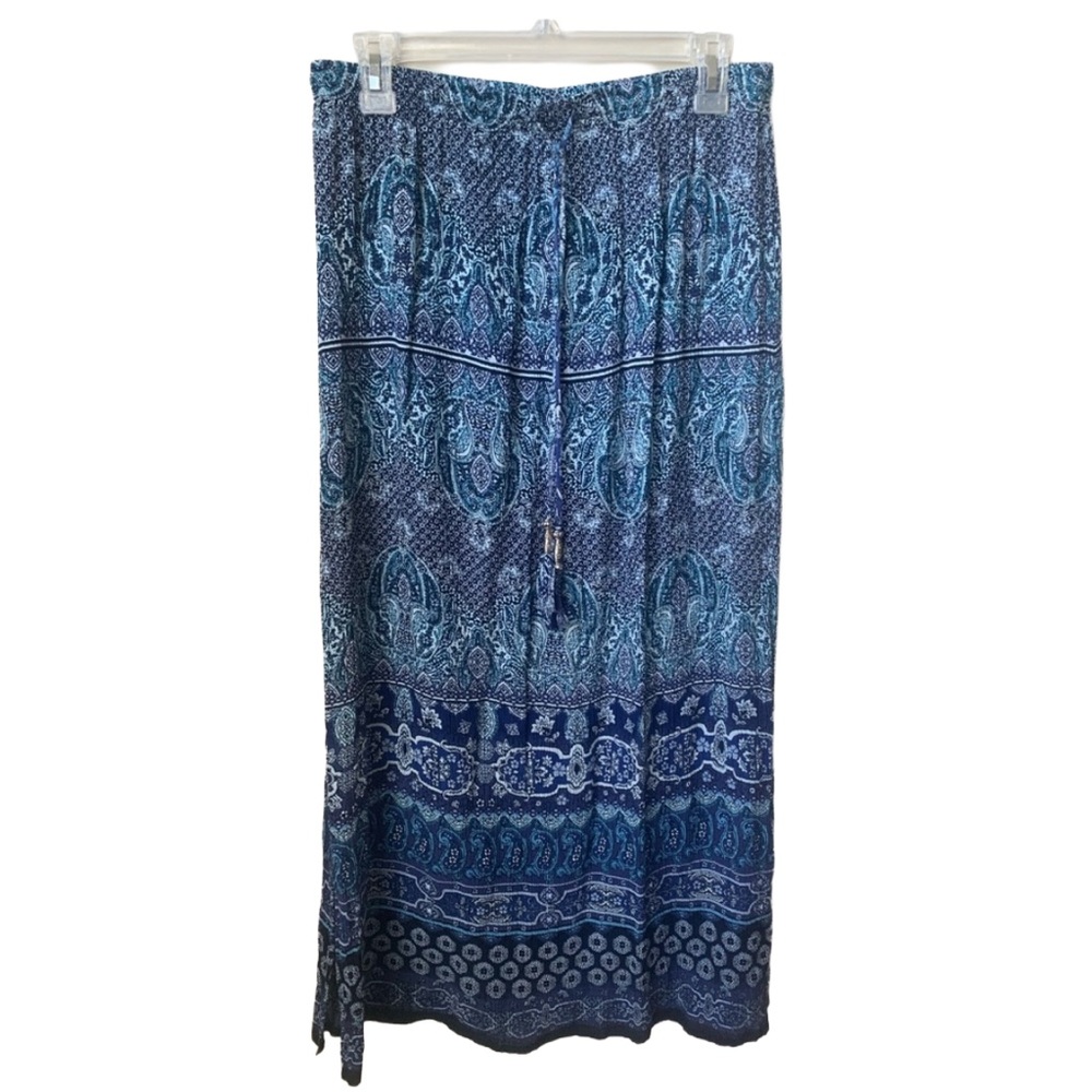 DRESS BARN Women’s Blue & White Paisley Boho Print Drawstring Crinkle Maxi Skirt